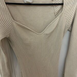 Ribbed Knit Cream Long Sleeve Top